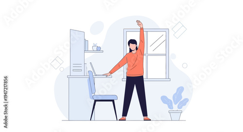 Woman stretching at home office desk, healthy work-life balance, remote work concept