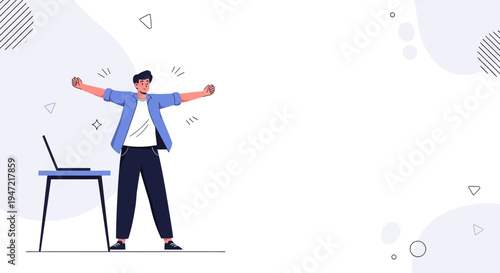 Man celebrating success with arms outstretched in front of laptop, modern abstract background