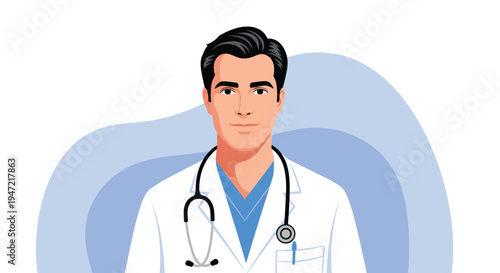 Portrait of a young professional male doctor in a white coat with a stethoscope around his neck, ready to provide care.