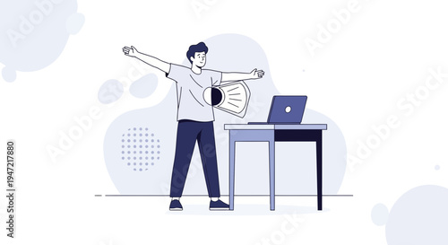 Man doing arm exercises in front of laptop, remote work fitness concept
