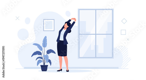 Businesswoman stretching arms in office with plant and window, modern flat illustration