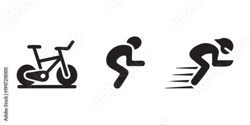 Set of three cycling icons depicting a bicycle, a crouched rider, and a speedy cyclist