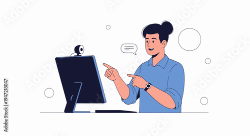 Man in blue shirt pointing at computer screen, video call, online communication
