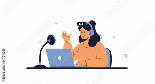 Woman with Webcam and Microphone Streaming Online from Home