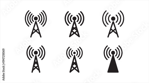 Radio antenna tower silhouette icon set wireless communication signal transmitter symbols isolated on white background