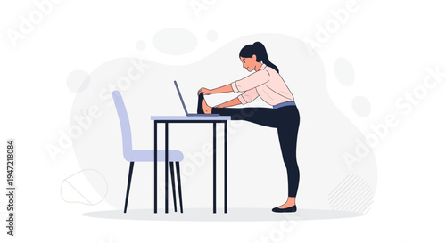 Woman stretching leg on desk with laptop, office yoga, healthy work lifestyle