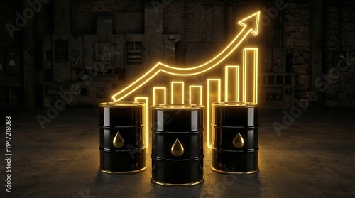 Oil barrels with rising market chart.