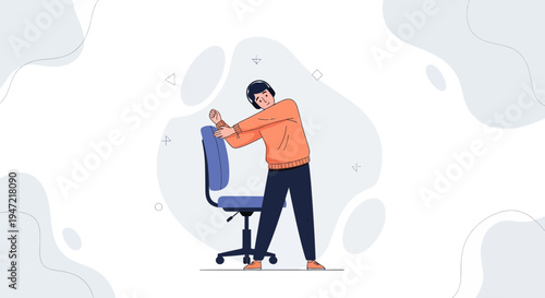 Man stretching at office chair, healthy lifestyle, work break, fitness, exercise