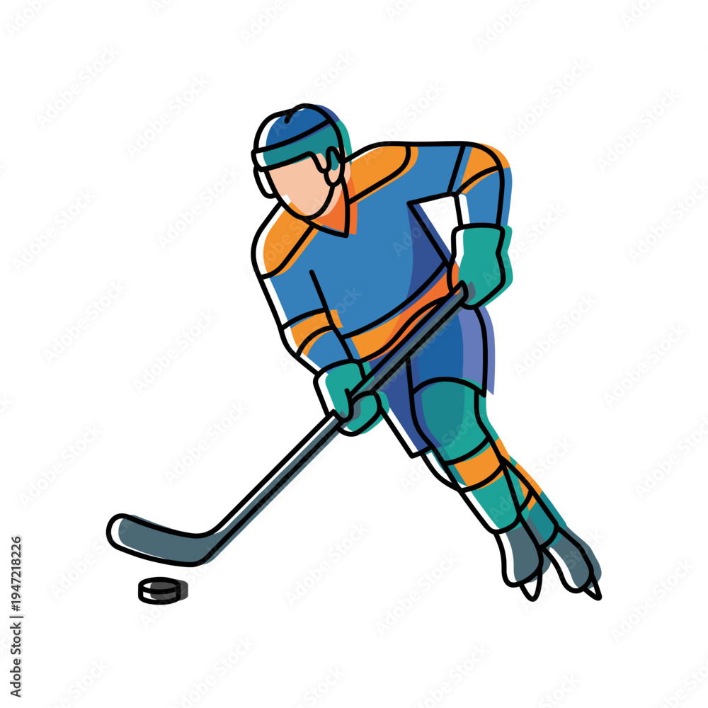 Fototapeta premium Illustration of a hockey player skating and playing the puck in a dynamic pose during a game