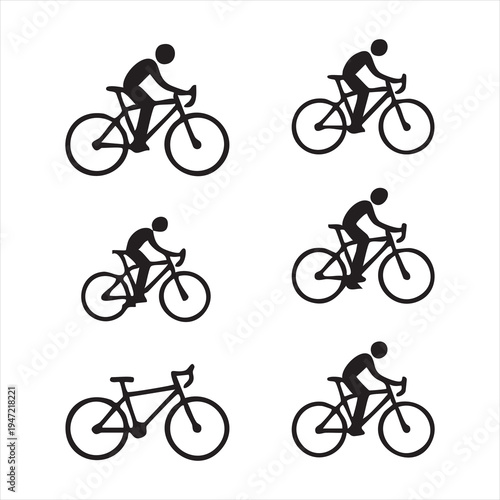 Set of six cyclist and bicycle silhouette vector icons, modern bicycle riders symbols