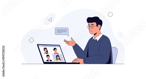 Man in video conference call with colleagues, remote work concept