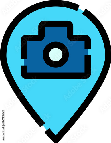 Blue map pin icon holding a camera, representing a photography location, travel destination, or a spot for capturing memorable moments with a digital camera