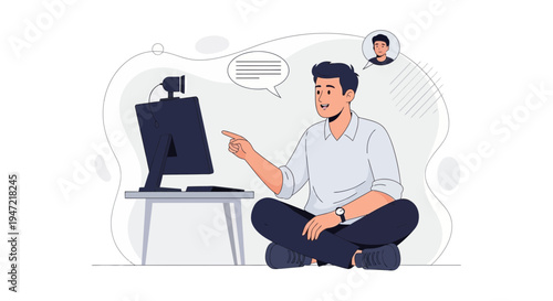 Man in video call on computer, online communication, remote work, technology concept