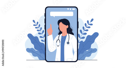 Digital healthcare consultation with a female doctor appearing on a smartphone screen, offering advice and virtual medical help.