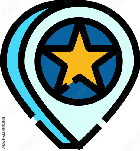Location pin icon with a golden star inside a blue circle, indicating a preferred, important, or saved destination on a map for navigation and travel planning