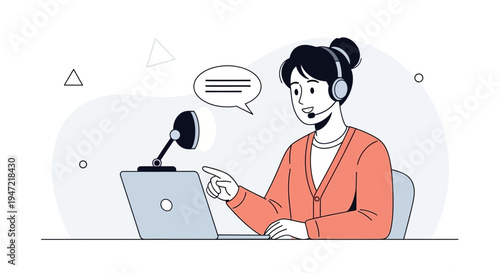 Young woman with headset and laptop, online communication, remote work, customer support