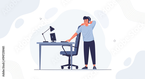 Man Stretching at Desk with Headphones, Office Break, Remote Work, Ergonomics