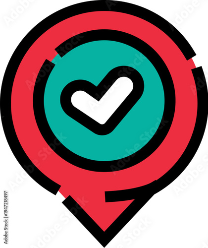 Pin icon featuring a check mark, symbolizing a verified location, a favorite spot, or successfully marking a specific destination on a map for navigation and travel planning