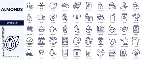 A collection of 50 almond-themed icons featuring various products and representations.