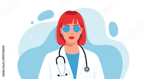 Portrait of a female doctor with bright red hair and blue-tinted glasses, wearing a white coat and stethoscope.