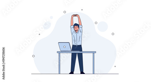 Man stretching arms at office desk with laptop, healthy work break, office worker wellness