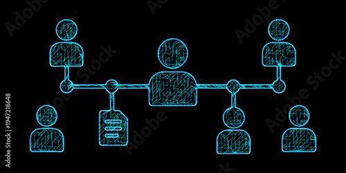 Business leadership structure with connected human wireframe icons and corporate organization mesh background