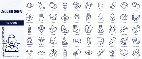 Set of allergen icons featuring various food items and allergens in a clean, minimalist design.