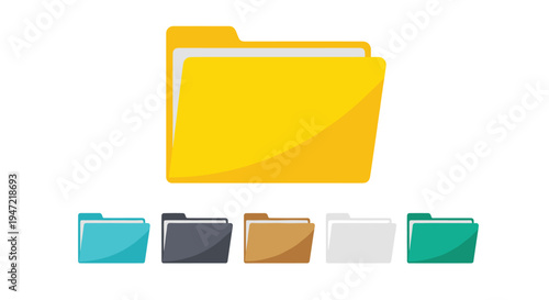 Collection of office file folder icons in various colors, including yellow, blue, grey, brown, white, and green for organization.