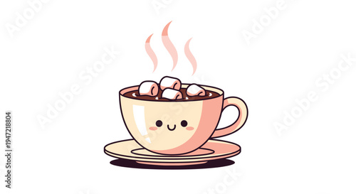Cute illustrated cup of steaming hot cocoa or coffee featuring a smiley face and soft white marshmallows on top.