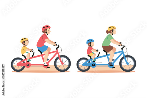 Families on tandem bikes, parents and children cycling, red and blue bikes