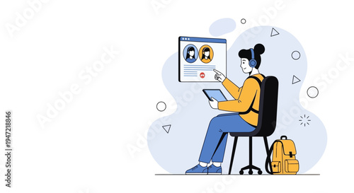 Student with headphones learning online, video call on screen, tablet in hand