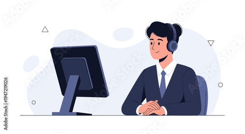 Customer Service Agent with Headphones Working on Computer, Online Support Concept