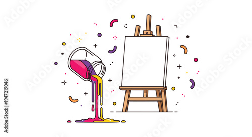 Vector illustration of paint can pouring colorful paint onto blank canvas on easel