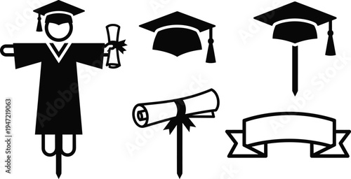 Graduation day icon set with cap gown diploma and banner