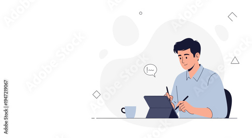 Young man working on a tablet with stylus, coffee cup, modern flat design illustration
