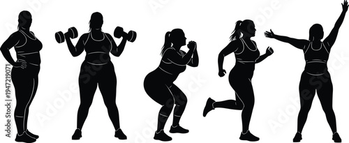Fitness exercise silhouette illustration set, workout training cardio strength stretching artwork, healthy lifestyle vector drawing concept