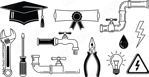 Graduation and plumbing tools icon set for education and training