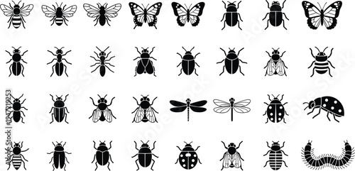Insect silhouette illustration set, butterfly bee beetle ant dragonfly ladybug artwork, entomology vector drawing concept