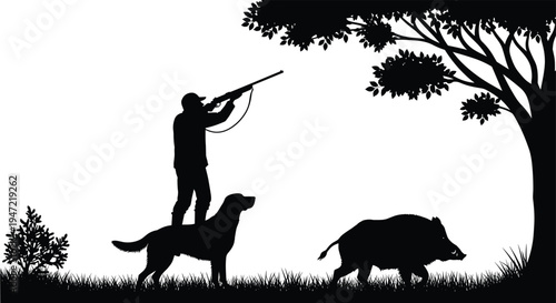 Hunter dog wild boar silhouette illustration, outdoor forest artwork, dynamic hunting vector drawing, woodland design concept