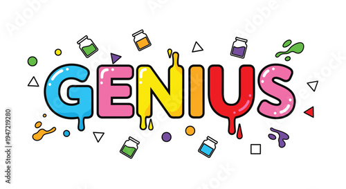 Vector illustration of 'GENIUS' word with colorful shapes and symbols
