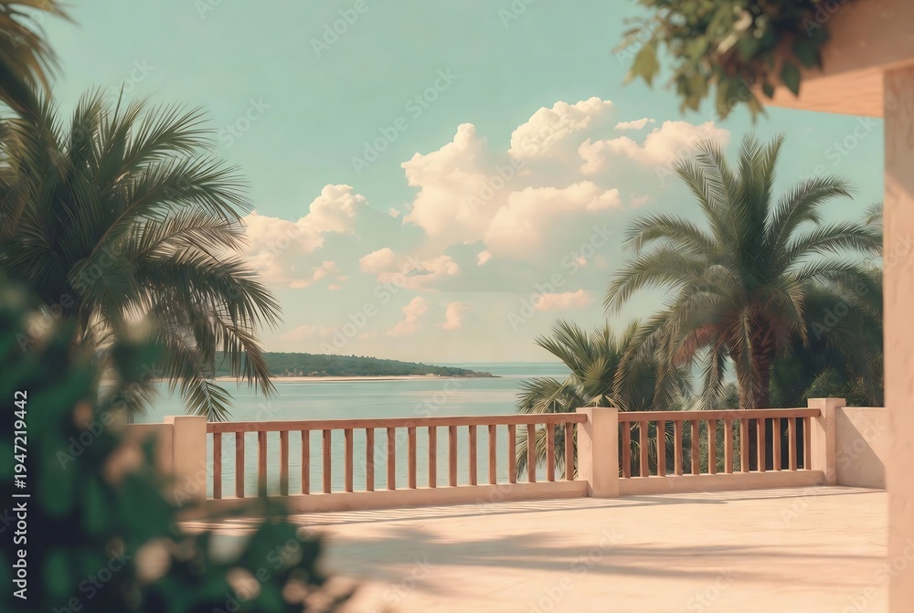 Naklejka premium Palm trees and a balcony overlook the Mediterranean Sea.