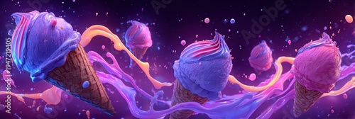 Surreal Levitating Ice Cream Cones with Cosmic Neon Splashes