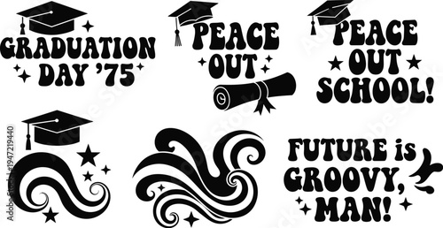 Graduation day celebration with peace out school and groovy future concepts