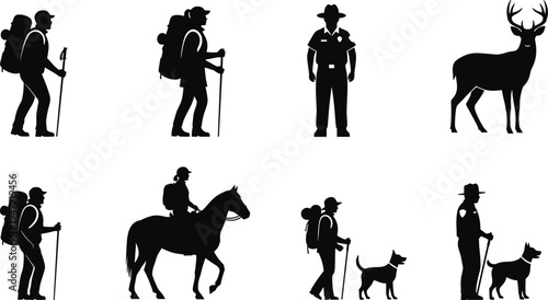 Outdoor activity silhouette illustration set, hikers park ranger horse rider deer dog artwork, wildlife vector drawing concept