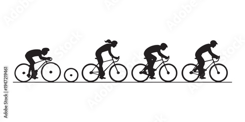 Cyclists on bicycles racing in a line with different wheel sizes showing evolution