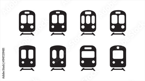 Metro train front view icon set public transport railway vehicle silhouettes isolated on white background
