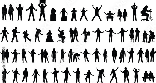 People silhouette illustration set, standing sitting gesturing interacting artwork, lifestyle vector drawing concept