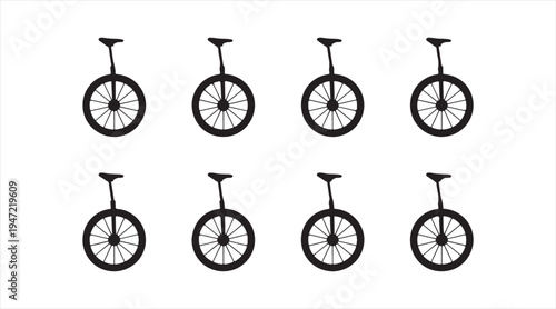 Minimal unicycle pictogram set single wheel bicycle icons for circus entertainment balance riding and design use
