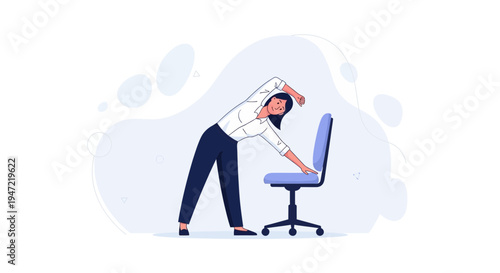 Woman stretching side body next to office chair, healthy lifestyle at work concept