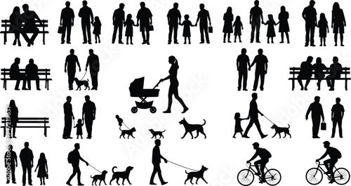 People silhouette illustration set, walking cycling dog family leisure urban lifestyle artwork, daily routine vector drawing concept